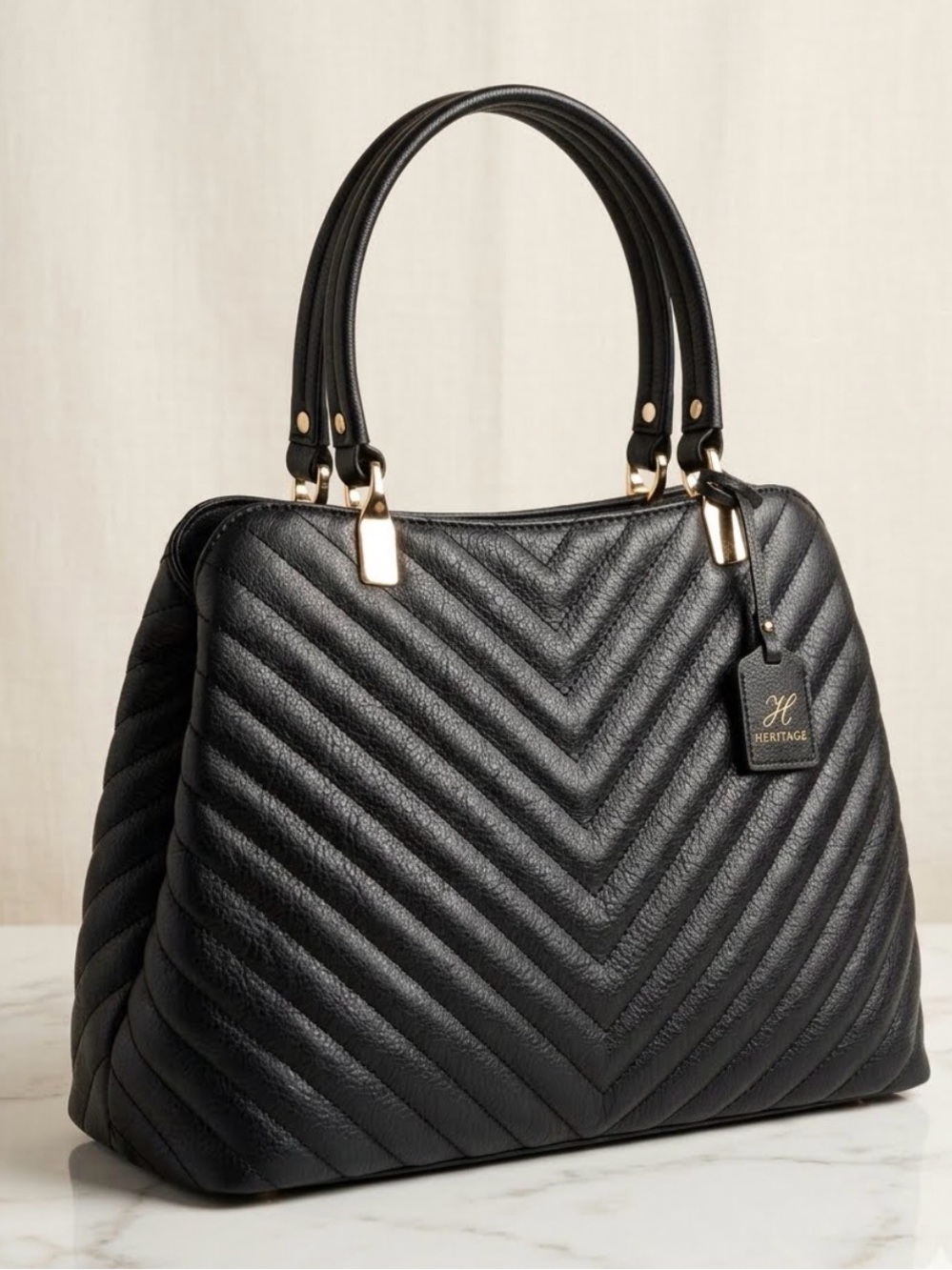 Heritage Black Quilted Satchel with Gold Accents